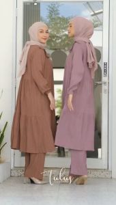 Tulus Signature Lamoza Set LD 110 Oneset Wanita Setelan Celana & Tunik Bahan Lady Crush Polos Lengan Panjang Busui Friendly Terbaru