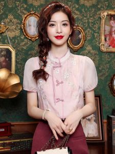 Áo Sơ Mi Voan Tay Bồng Kiểu Pháp Dành Cho Nữ Mùa Hè 2025 Thiết Kế Tay Ngắn Mới Phong Cách Trung Hoa Cổ Bẻ Nút Áo Mới
