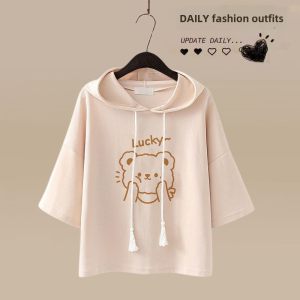 Cute Girls Summer Sportswear Set Hoodie Short Sleeve Shorts Two-Piece Cotton Casual Outfit College Style Teen Fashion
