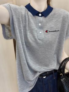 Loose Comfortable Thin Summer Ice Silk T-Shirt Womens Color Block Stripe Button POLO Neck Short Sleeve Top Champion Runner