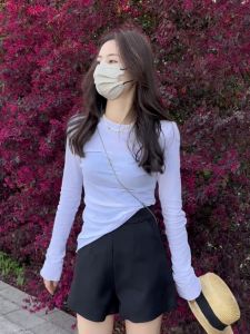 Spring & Fall New Arrival Pure Color Thin Long Sleeves T-Shirt Womens round Neck Stylish Niche Style Mid Length Long Length Silm Slim Looking Bottoming Shirt