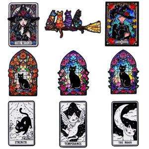 Witch Tarot Card Brooches For Women Black Cat Enamel Pin Metal Badge Jewelry Clothing Backpack Accessories Friends Gift