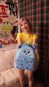 Disney Monster Kids Mini Backpack for Girls Fantasy-Inspired Light Blue with Horn Details and Purple Polka Dot Pocket Daily Travel Use