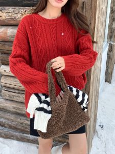 Red Twist round Neck Pullover Sweater Womens Autumn Winter Loose Lazy Christmas New Year Knitted Thickened Versatile Commute