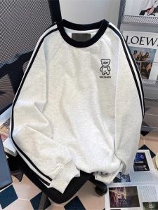 เสื้อฮู้ดลายทางหนาสำหรับผู้ชาย ฤดูใบไม้ร่วง/ฤดูหนาว 2025 แบรนด์อเมริกันเทรนดี้ ผ้าขนแกะ ทรงหลวม ปกติ แขนยาว ปกติ