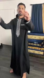 Moroccan Mens Thobe Short-Sleeved Embroidered Hood MuslimIslamicLooseJelleba Abaya - New Edition