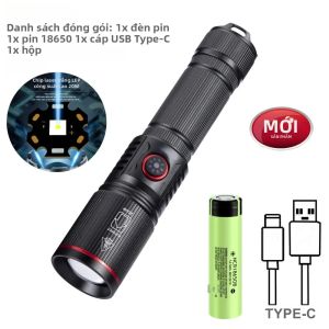 Đèn Pin LED Laser Trắng Zoom 20W Đèn Pin Sạc Loại C Công Suất Cao Dùng Cho Cắm Trại Săn Bắn Ngoài Trời Câu Cá Đi Bộ Đèn Chiếu Sáng Chống Nước