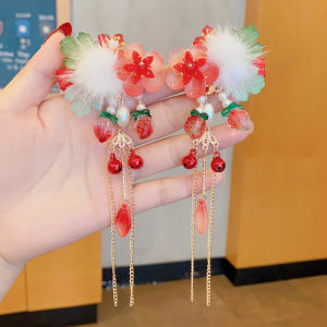 Girls Hanfu Headwear Baby Ancient Style Flower Tassel Hair Clip Little Girl Red Hair Card New Year Hair Accessories