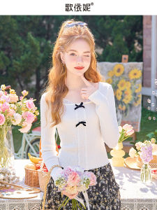 Sweet Style Womens T-Shirt Underwear Short Lace Long Sleeve Base Shirt Inner Wear Butterfly Knot Decorated Straight Cut Top