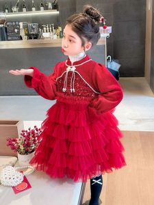 ชุดเดรสผ้ากำมะหยี่สีแดงสำหรับเด็กผู้หญิง ชุดเจ้าหญิงหลายชั้น ฤดูใบไม้ร่วง/ฤดูหนาว ชุดเดรสแฟชั่นสำหรับเด็กผู้หญิง