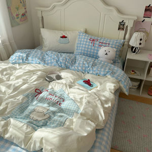 Cute Cat Blue House Ins Style Washed Cotton Quilt Cover Student Dormitory Three-Piece Set Soft Polyester Fabric Active Printing