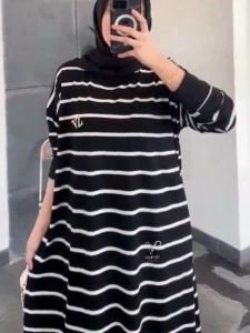 Midi Dress Salur Muslimah Santai Lengan Panjang Bahan Kaos Babyterry Nyaman untuk Ibu Hamil