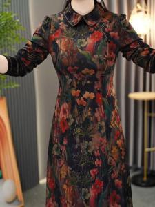 New Chinese Style Cheongsam Dress Womens Spring Autumn High Waist Long Sleeve Floral Print Gown Button Zipper Closure Dress