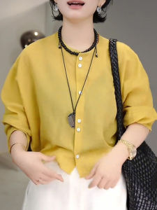 Shalldoer | เสื้อเชิ้ตผู้หญิงผ้าลินินบางกันแดดสีเหลืองฤดูร้อน 2025 เสื้อเชิ้ตผู้หญิงทรงหลวมคอตั้งแขนยาวสีพื้น ทรงหลวม