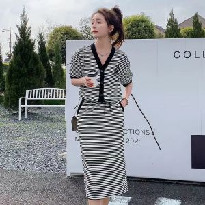 Nova quality⭐Striped suit skirt two-piece set summer dress European station new European tide fashion age-reducing half casual skirt