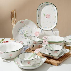 Cute Ceramic Rice Bowl Flower Design Single Piece Dinnerware Set for Home Use 2023 New Oatmeal Steamed Egg Soup Bowl Plate