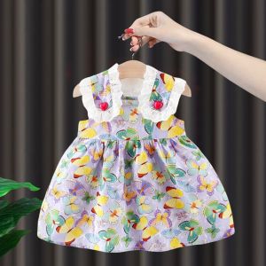 Princess Style Summer Dress for Girls Baby Clothes Cotton Blend Fabric Korean Style Print Long Sleeve Butterfly Knot Skirt