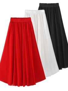 Red Long Skirt Women Summer Dance Square Dancing White Chiffon Short plus Size Long Skirt Dancing Skirt High Waist A-Line