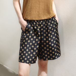 Miccbeirn | Casual Silk Power Spin Vintage Printed Shorts Artistic Silken Draping Slimming Straight Leg Wide Leg Pants High Waist Elastic Waistband