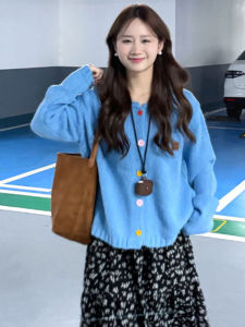 Colorful Button Long Sleeve Knitted Open Cardigan Womens Autumn Winter Lazy Style Collar Sweater Early Autumn Chic Top