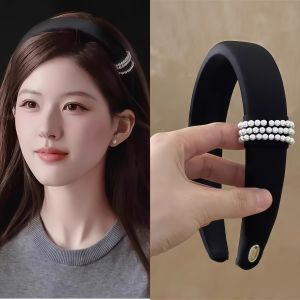 Elegant Black Pearl Hairband Womens High Top Headband Luxury Fashion Hair Accessories Korean Style Satin Material
