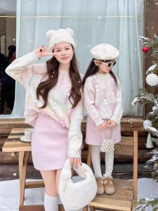 New Year Family Matching Mommy Daughter Sweater Set Loose Knitted Dress Short Skirt Childrens Clothing Warm round Neck Long Sleeve