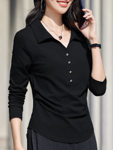 Slim Fit Long Sleeve Polo Neck T-Shirt Womens New Style Inner Wear Black Base Shirt Commute Style Korean Version Solid Color
