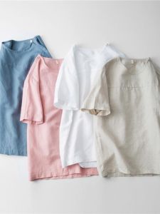 Hong Kong Summer round Neck Linen Short Sleeve Mens T-Shirt Overhead Cotton Linen Shirt Fresh Thin Shirt Standard Fit Youth Fashion Daily Wear