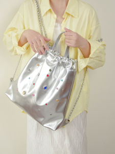 XZBag Original Design Silver Luminous Double Shoulder Bag Diamond Embedded Large Capacity College Style Handheld Drawstring Backpack