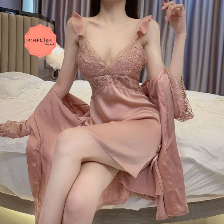 Dreamy - VX10 Váy ngủ lụa cao cấp dáng xòe phối ren ngực mềm mại quyến rũ,