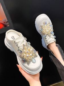 Casual Canvas Slip-On Shoes Womens Spring Outdoor Wear Diamond Embellished Flat Heel Rubber Sole High Density PU Leather