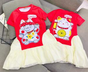 12-46kg váy thun voan xòe labubu capypara baby three  bé gái thun lạnh mẫu sọc hình siêu cưng.