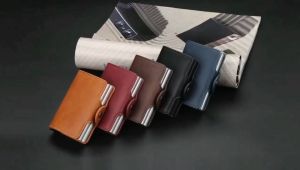 Baellerry Credit Card Holder 2021 New Double-Layer Aluminum Box Card Wallet RFID PU Leather Pop-up Card Case Magnet Carbon Fiber Coin Purse