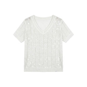 Lace Hollow Slim Fit V-Neck Sparkle Gentle Style T-Shirt