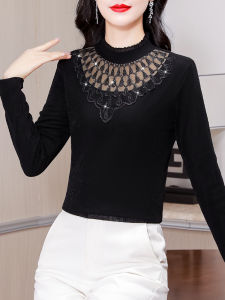 เสื้อเชิ้ตคอปกสูงแบบยาวแขนยาวผ้าตาข่ายลูกไม้สำหรับผู้หญิง เสื้อชั้นในฤดูใบไม้ร่วง/ฤดูหนาว อบอุ่น ดีไซน์เก๋ไก๋ สวมใส่สบาย