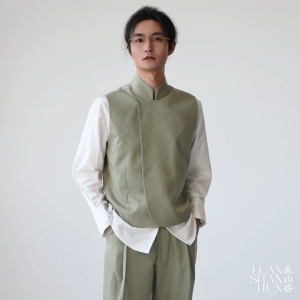 New Chinese Style Light National Trend Stand Collar Shiny Green Vest Hidden Button Design Daily Casual Four Seasons Mens Vest