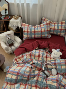 Retro American Style Washed Cotton Wrinkle Bedding Set Three Piece Student Red Bed Sheet Set Soft Cotton Quilt Cover All Seasons