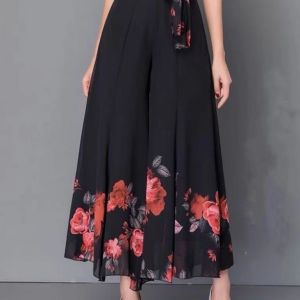 Casual Chic Womens Chiffon Wide Leg Pants Skirt Print High Waist Nine Point Pants Long Trousers Small Size Mommy Style Summer New