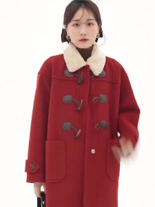 Faux Lamb Fleece Collar Horn Button Christmas New Year Long Coat