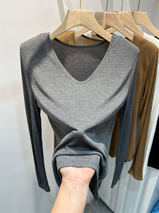 เสื้อยืดคอกลมแขนยาวถักสีเทาสไตล์ฝรั่งเศส ทรงเข้ารูป ทรงหลวม สำหรับผู้หญิง ฤดูใบไม้ผลิ 2025 แฟชั่นสตรีท