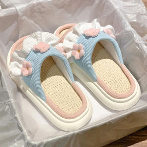Linen Slippers Womens Indoor Home Cotton Linen Spring Autumn Cute Anti-slip Thick Bottom 2024 New Four Seasons
