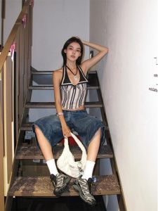 Romantic Spicy Girl Navy Stripe Satin Slim Fit Hanging Neck Knockout Vest Womens Trendy Fashion Sun Protection Clothing