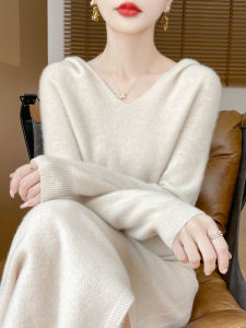 Pure Woolen Knitted V-Neck Hoodie Womens Loose Fit Sweater Cashmere Base Shirt Korean Style Commute Long Sleeve Regular Length