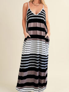 Summer 2025 Womens Casual Style V-Neck Sleeveless Long Dress Multi-Color Stripes A-Line Skirt Polyester Fabric Loose Waist