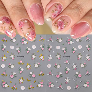 1Pcs 5D Pink&White Rose Nail Art Sticker Elegant Peony Self-Adhesive Nails Decals for Romantic Valentines Day Manicure Sliders