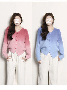 plus Size French Style Gradient Color V-Neck Knitwear Womens Soft Fashionable Slimming Spring Autumn Top Trendy