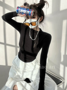 สูง ปกเสื้อ สลิมฟิต เสื้อยืดแขนยาว ผู้หญิง เสื้อชั้นฐานครึ่งสูง ปกเสื้อ ฤดูใบไม้ผลิ แฟชั่น สีดำ หวาน สไตล์ ความยาวสั้น