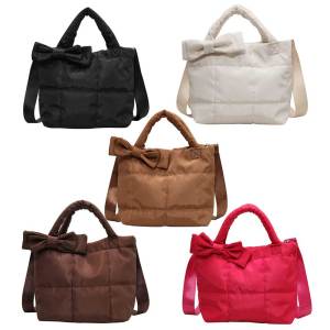 Yaababy Women Quilted Puffer Tote Bag Bow Knot Down Cotton Hobo Bag Casual Padded Shoulder Bag Puffy Crossbody Bag Commuting Bag