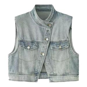 เสื้อกั๊กยีนส์แขนกุดคอตั้งสไตล์เกาหลีสำหรับผู้หญิงในช่วงฤดูร้อนปี 2024 เสื้อเชิ้ตแฟชั่นแบบเก่าแก่แบบใหม่