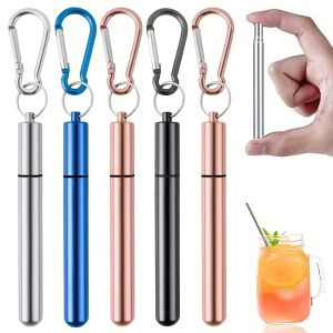 5 Pack Stainless Steel Straws Reusable Straws Metal Straws Reusable with Aluminum Case Cleaning Brush and Keychains